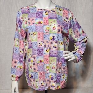 Scrub HQ Long Sleeves Bee Floral Snaps Small Elastic Cuffs